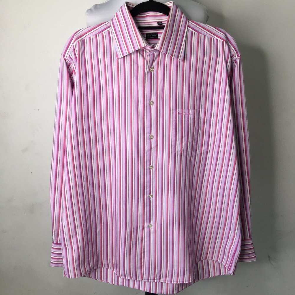 Paul Smith Men's Pink White Blue Striped Long Sleeve Button Down Shirt 17 1/2